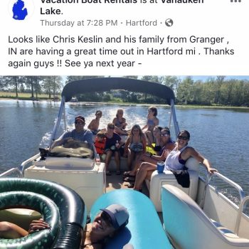 A group of people enjoying a sunny day on a boat, captured in a Facebook post.